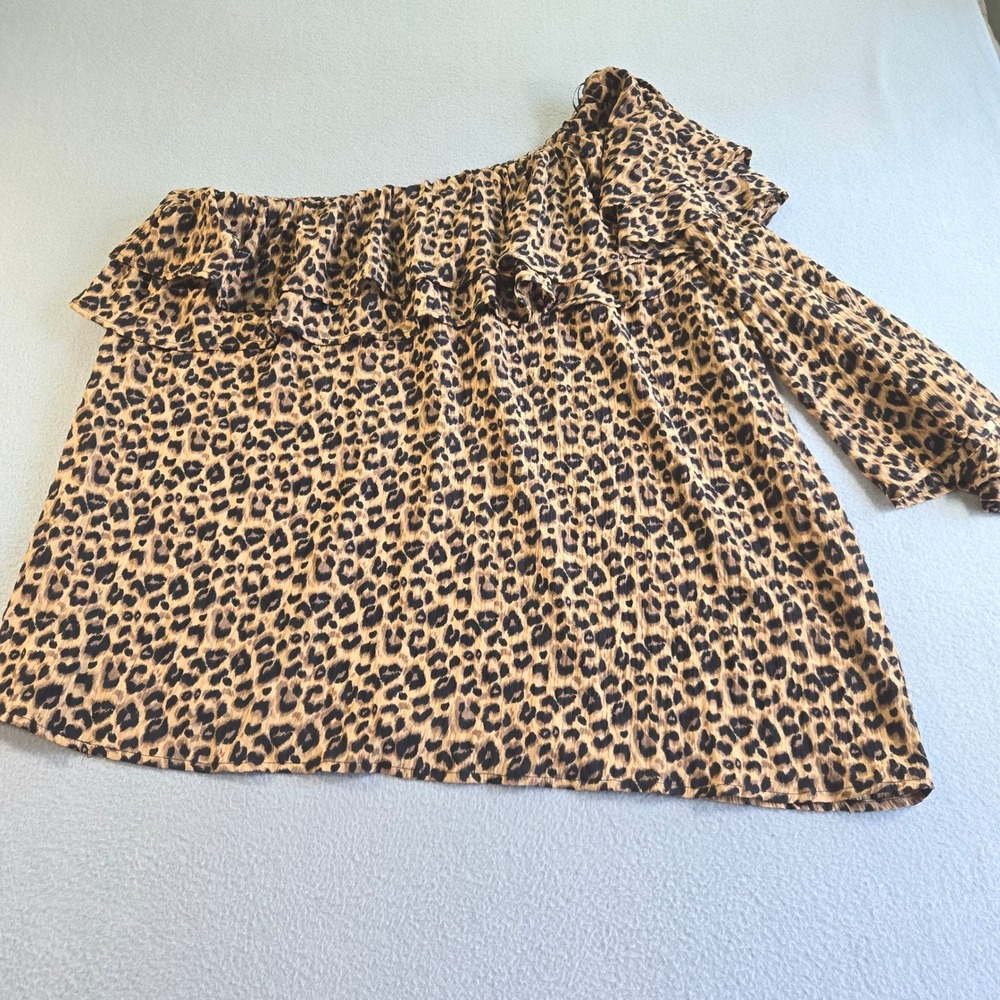 Oddi One Shoulder Top Womens 1XL Brown Leopard Print Ruffle Sleeve IT13823P